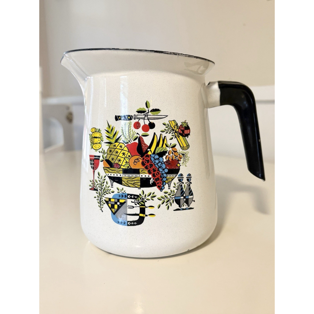 Vintage Enamelware Pitcher Folk Art Fruit Mid Century Farmhouse Kitchen Jug